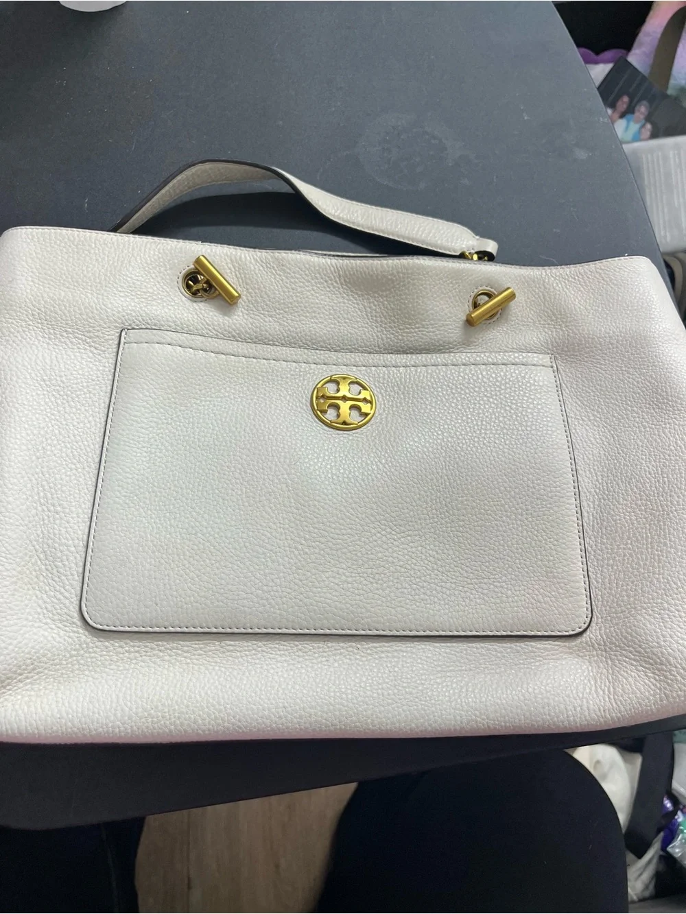 Tory Burch White Leather Tote with Gold Logo